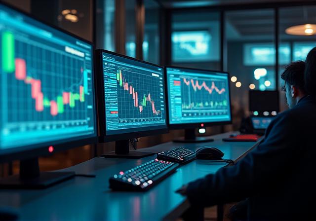 Clean modern office with high-tech financial screens